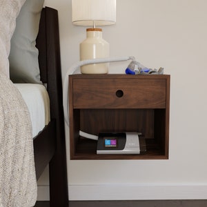 CPAP Floating Nightstand in Solid Walnut, Bedside Table with Drawer