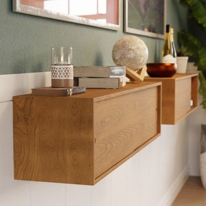 Cherry Floating Storage Cabinet with Sliding Doors Built, Scandinavian Style