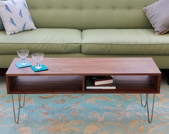 Mid Century Modern Walnut Coffee Table with Stainless Steel Hairpin Legs