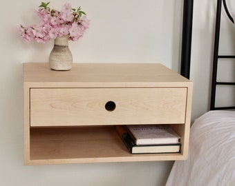 Floating Nightstand with Drawer in Solid Maple,  Scandinavian Modern Bedside Table