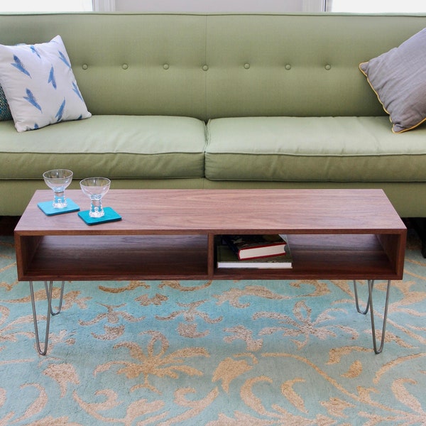 Mid Century Modern Walnut Coffee Table with Stainless Steel Hairpin Legs