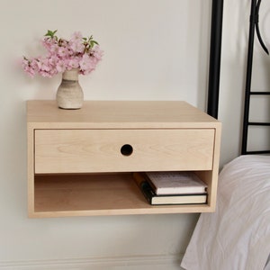 Floating Nightstand with Drawer in Solid Maple, Scandinavian Modern Bedside Table image 1