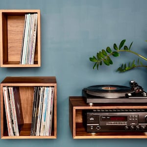 Floating Vinyl Record Storage Shelves in Solid Walnut