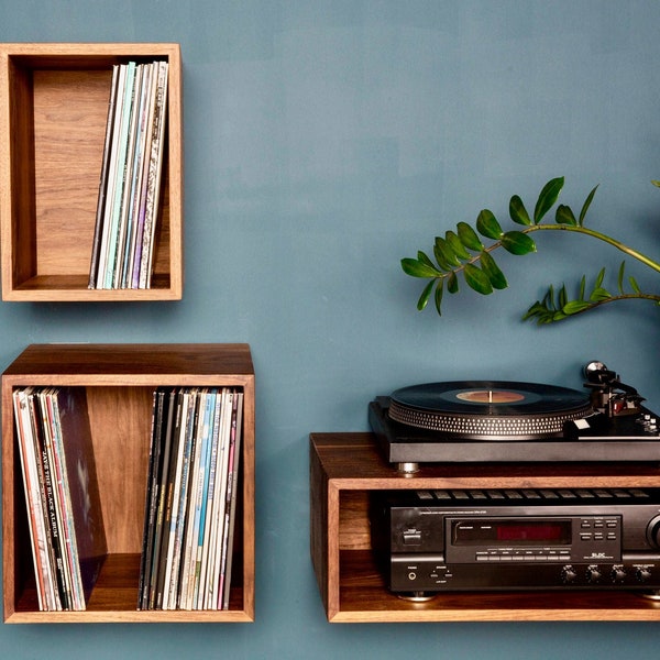 Floating Vinyl Record Storage Shelves in Solid Walnut