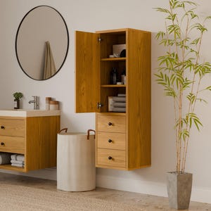 Cherry Bathroom Linen Storage Cabinet with 3 Drawers, Tall