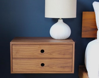Floating Nightstand with Double Drawers in Walnut / Mid Century Modern Bedside Table