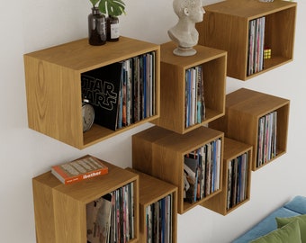 Floating Vinyl Record Storage Shelves in Solid White Oak