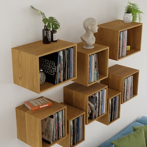 Floating Vinyl Record Storage Shelves in Solid White Oak