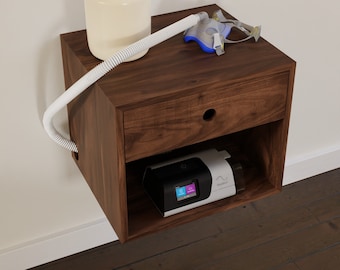 CPAP Floating Nightstand in Solid Walnut, Bedside Table with Drawer