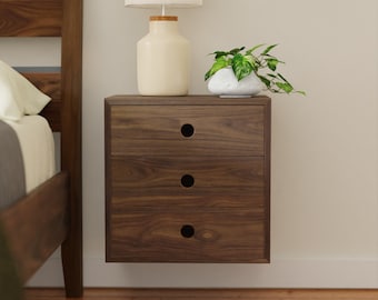 Walnut Floating Nightstand with Drawers, Narrow and Tall