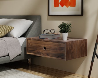 Floating Nightstand with Drawer / Mid Century Modern Bedside Table in Black Walnut