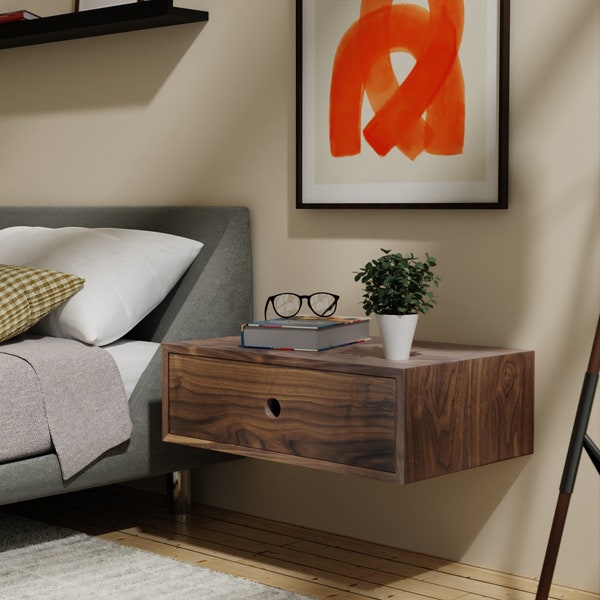 Floating Nightstand with Drawer / Mid Century Modern Bedside Table in Black Walnut