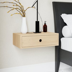 Floating Nightstand with Drawer / Mid Century Modern Bedside Table in Solid Maple