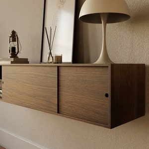 Floating Walnut Sideboard / Credenza with Sliding Doors