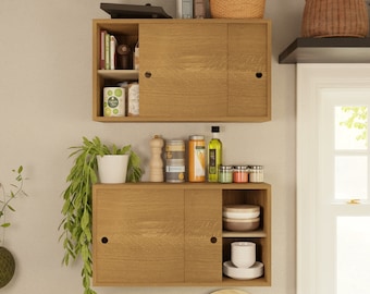 White Oak Storage Cabinet with Sliding Doors, Kitchen Cupboard