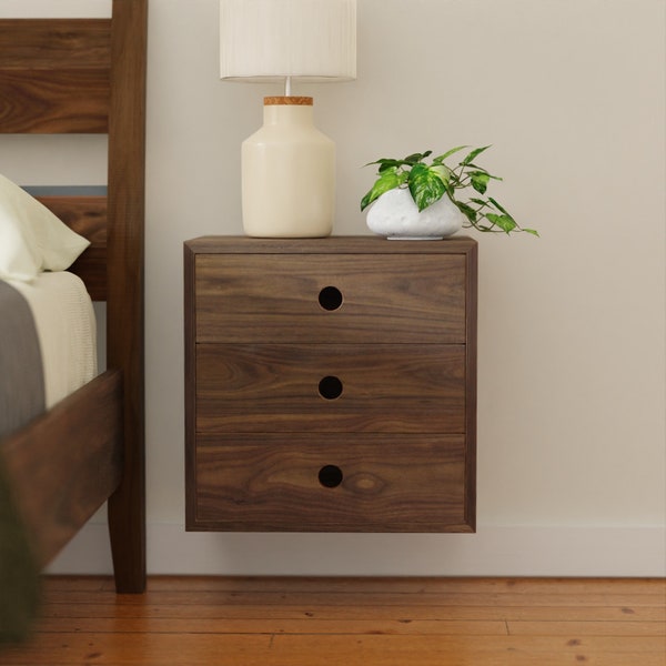 Walnut Floating Nightstand with Drawers, Narrow and Tall