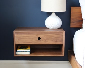 Floating Nightstand with Drawer in Walnut / Mid Century Modern Bedside Table