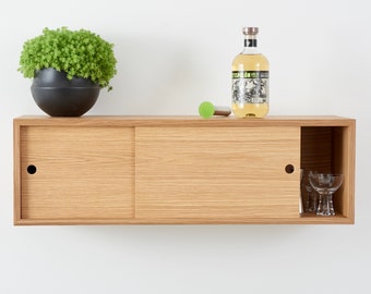 Floating Storage Cabinet with Sliding Doors Handmade in Solid White Oak