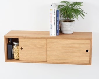 Floating Kitchen Storage Cabinet with Sliding Doors Handmade in Solid White Oak