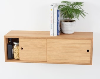 Floating Kitchen Storage Cabinet with Sliding Doors Handmade in Solid White Oak