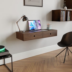 Floating Desk in Solid Walnut, Wall Mounted Mid-Century Modern Standing Desk