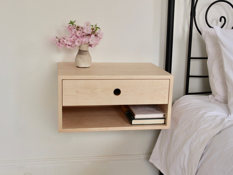 Floating Nightstand with Drawer in Solid Maple, Scandinavian Modern Bedside Table image 1