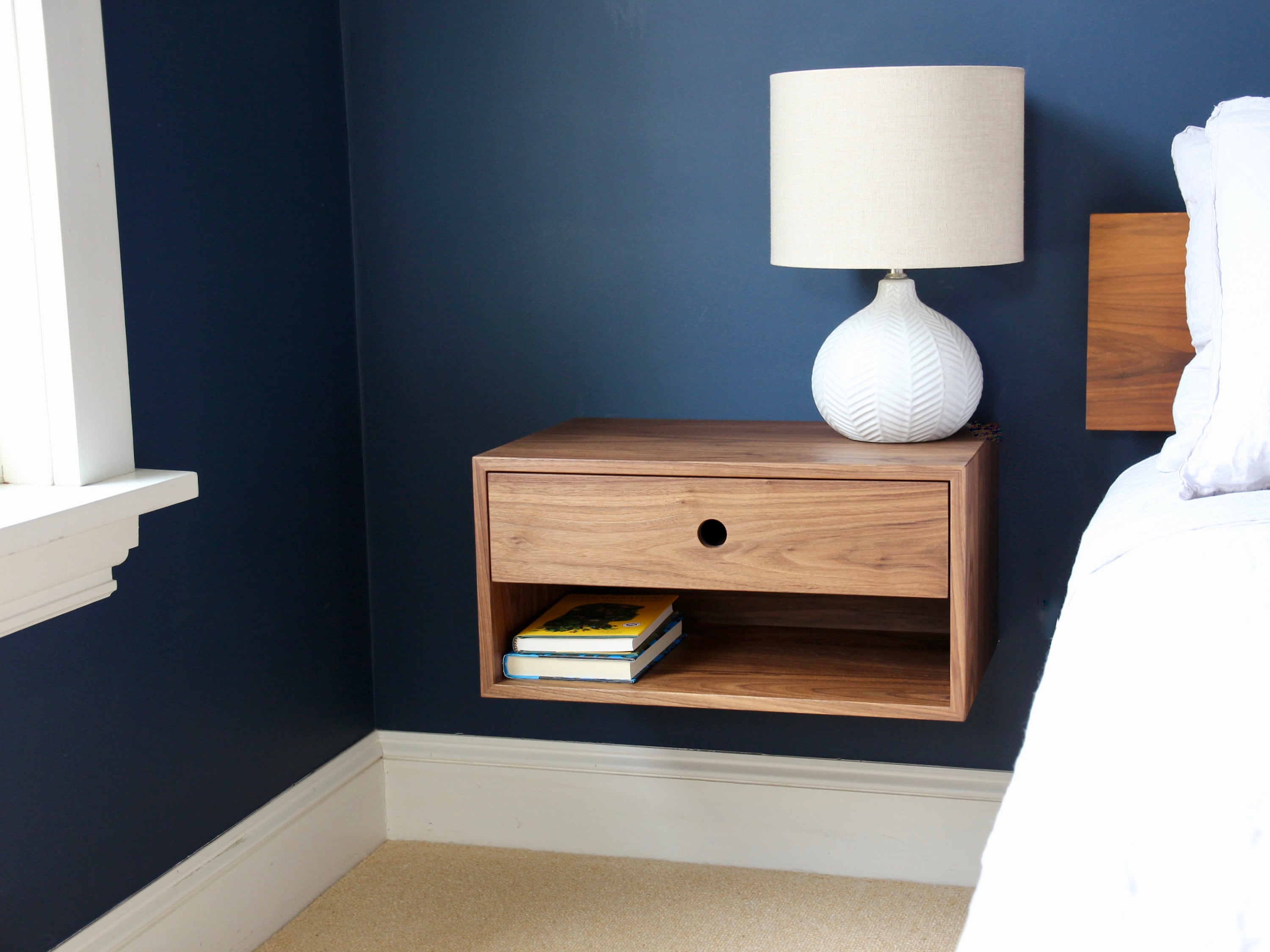 Floating Nightstand With Drawer in Walnut / Mid Century Modern Etsy