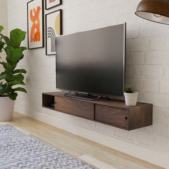 Walnut Floating TV Stand Media Console With Sliding Doors, TV Stand 