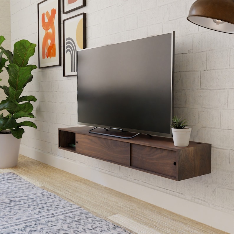 Walnut Floating TV Stand Media Console with Sliding Doors, TV Stand image 10