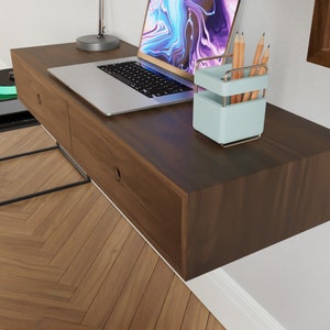 Floating Desk in Solid Walnut, Wall Mounted Mid-Century Modern Standing Desk image 3