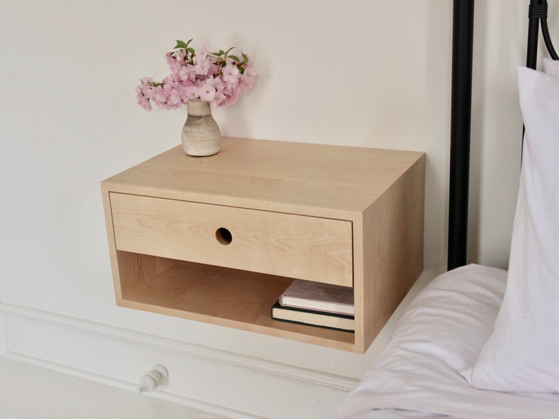 Floating Nightstand with Drawer in Solid Maple, Scandinavian Modern Bedside Table image 8