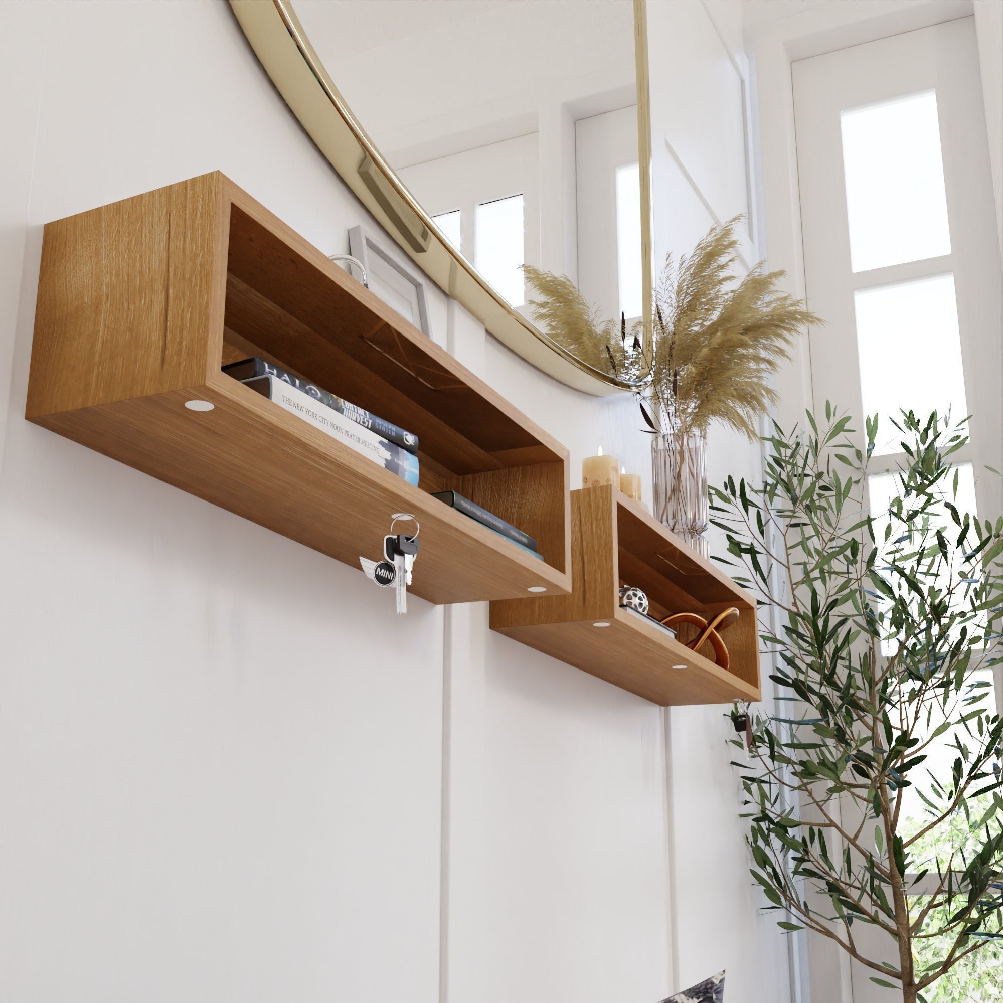 Floating Entryway Organizer in White Oak Mail Holder Shelves With Magnet Key Holder Etsy