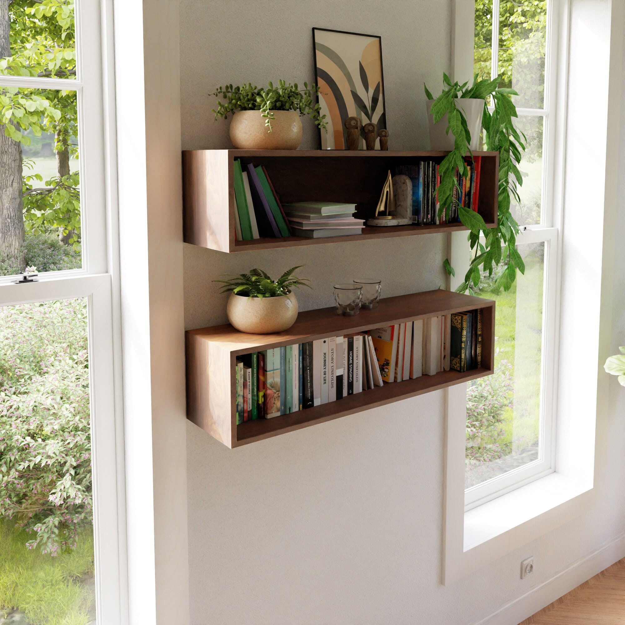 Floating Bookshelf Storage Cabinet Handmade in Solid Hardwood 