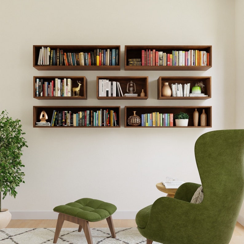 Floating Bookshelf Storage Cabinet Handmade in Solid Hardwood image 1