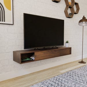 Walnut Floating TV Stand Media Console with Sliding Doors, TV Stand image 8