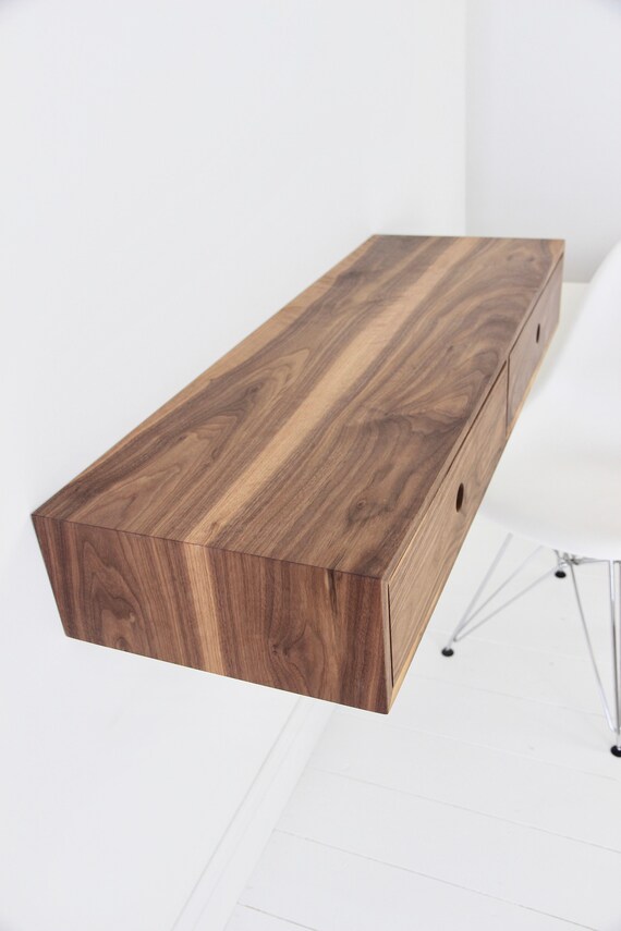 Floating Desk In Solid Walnut Wall Mounted Desk Mid Century Etsy