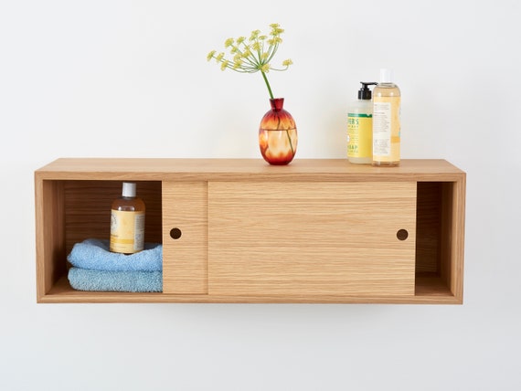 White Oak Floating Bathroom Storage Cabinet With Sliding Doors 