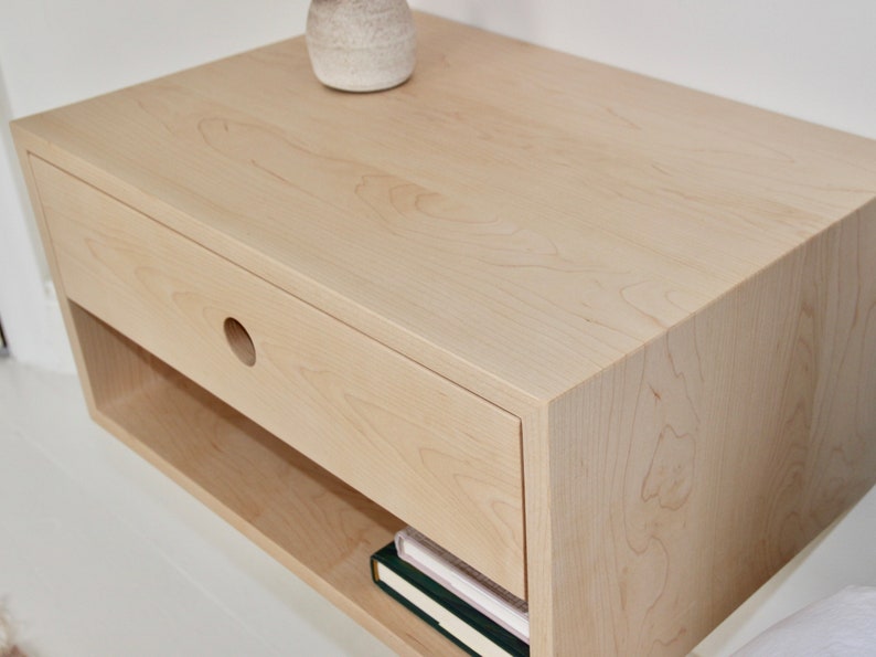 Floating Nightstand with Drawer in Solid Maple, Scandinavian Modern Bedside Table image 3