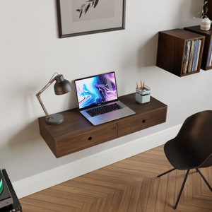 Floating Desk in Solid Walnut, Wall Mounted Mid-Century Modern Standing Desk image 8