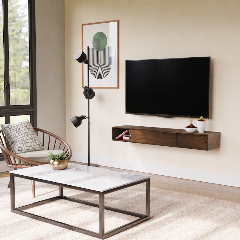 Walnut Floating TV Stand Media Console with Sliding Doors, TV Stand image 9