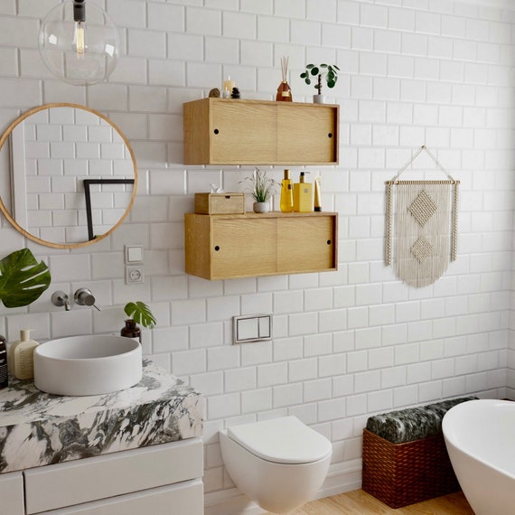 White Oak Floating Bathroom Storage Cabinet With Sliding Doors 