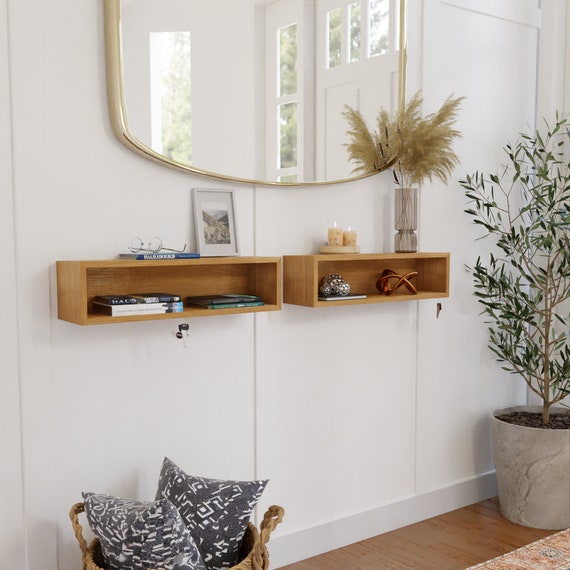 Floating Entryway Organizer in White Oak / Mail Holder Shelves