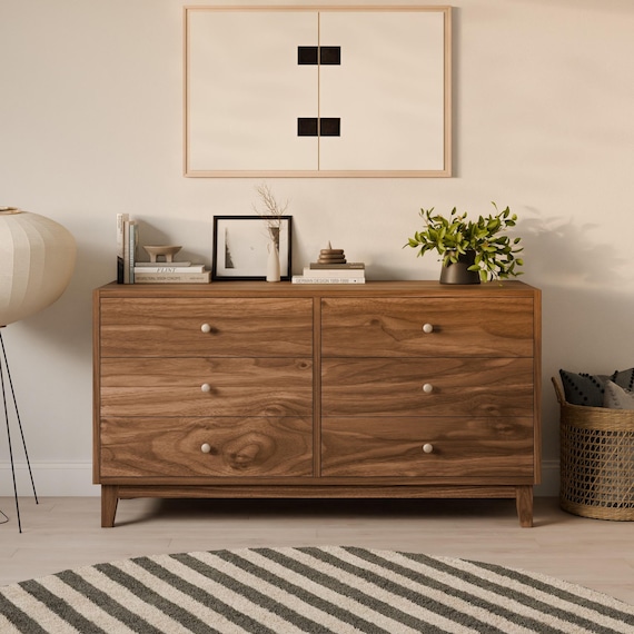 Six Drawer Dresser in Walnut, Mid Century Modern, Made in USA, Real Hardwood, Krovel