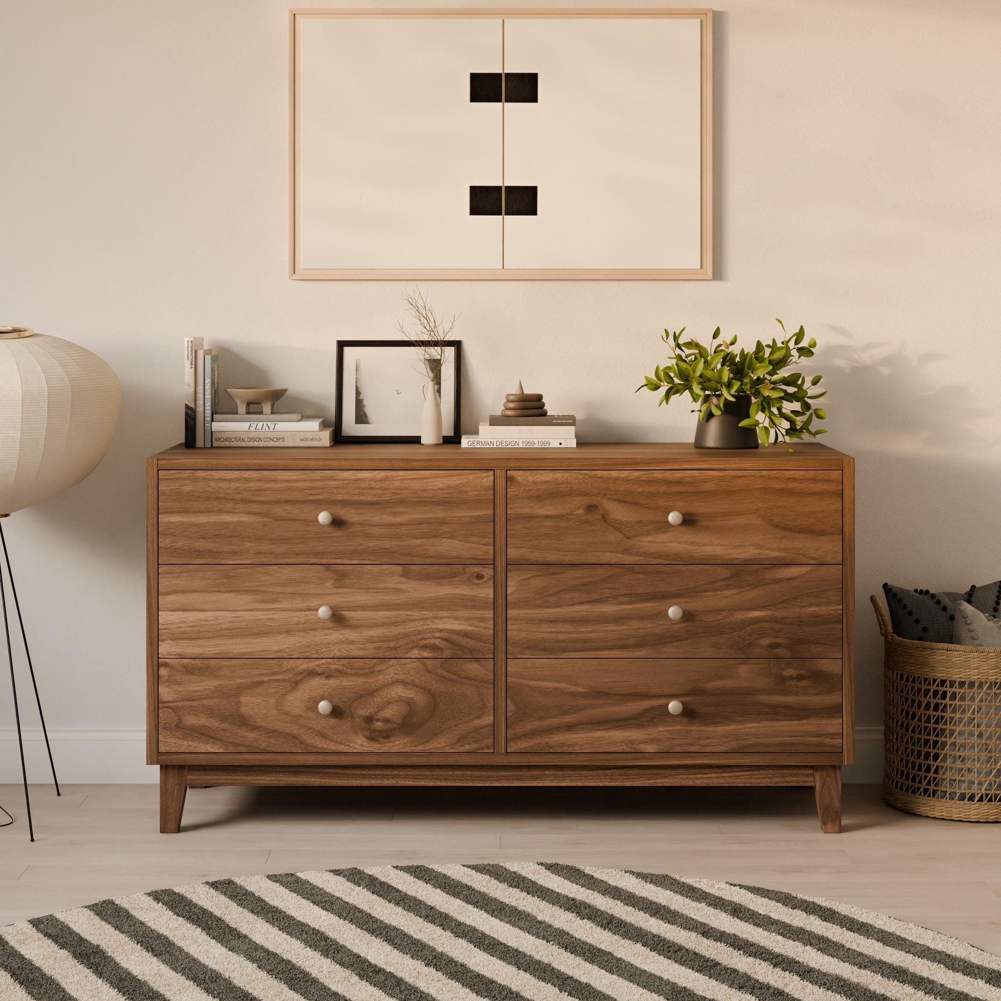 Six Drawer Dresser in Walnut, Mid Century Modern, Made in USA, Real Hardwood, Krovel
