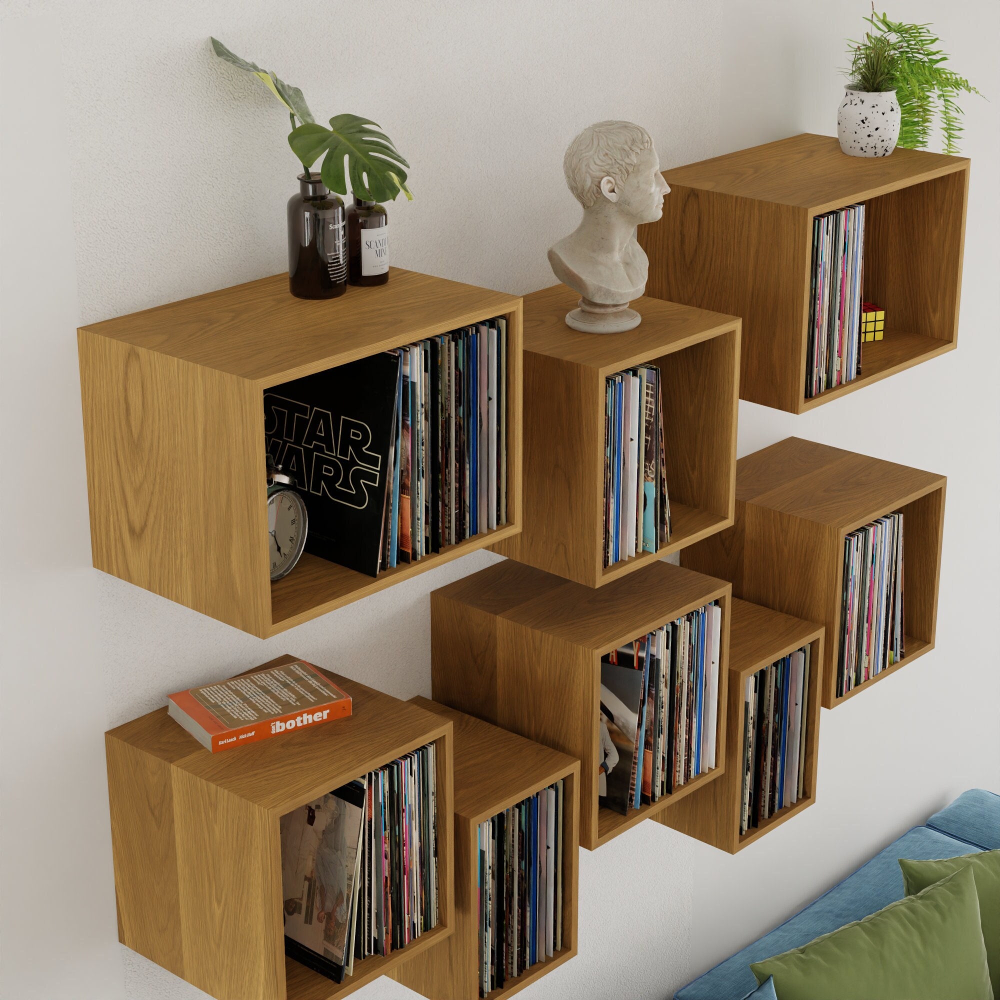 Solid wood cube shelves in walnut or oak - Nick James Design