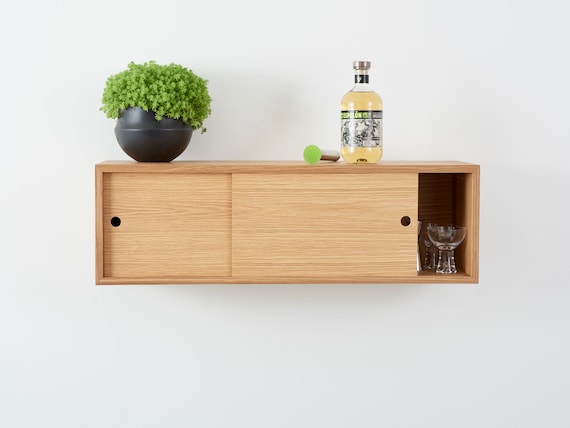 White Oak Floating Bathroom Storage Cabinet With Sliding Doors 