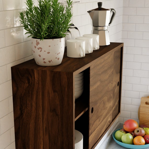 Floating Bathroom Storage Cabinet With Sliding Doors, Solid Walnut 