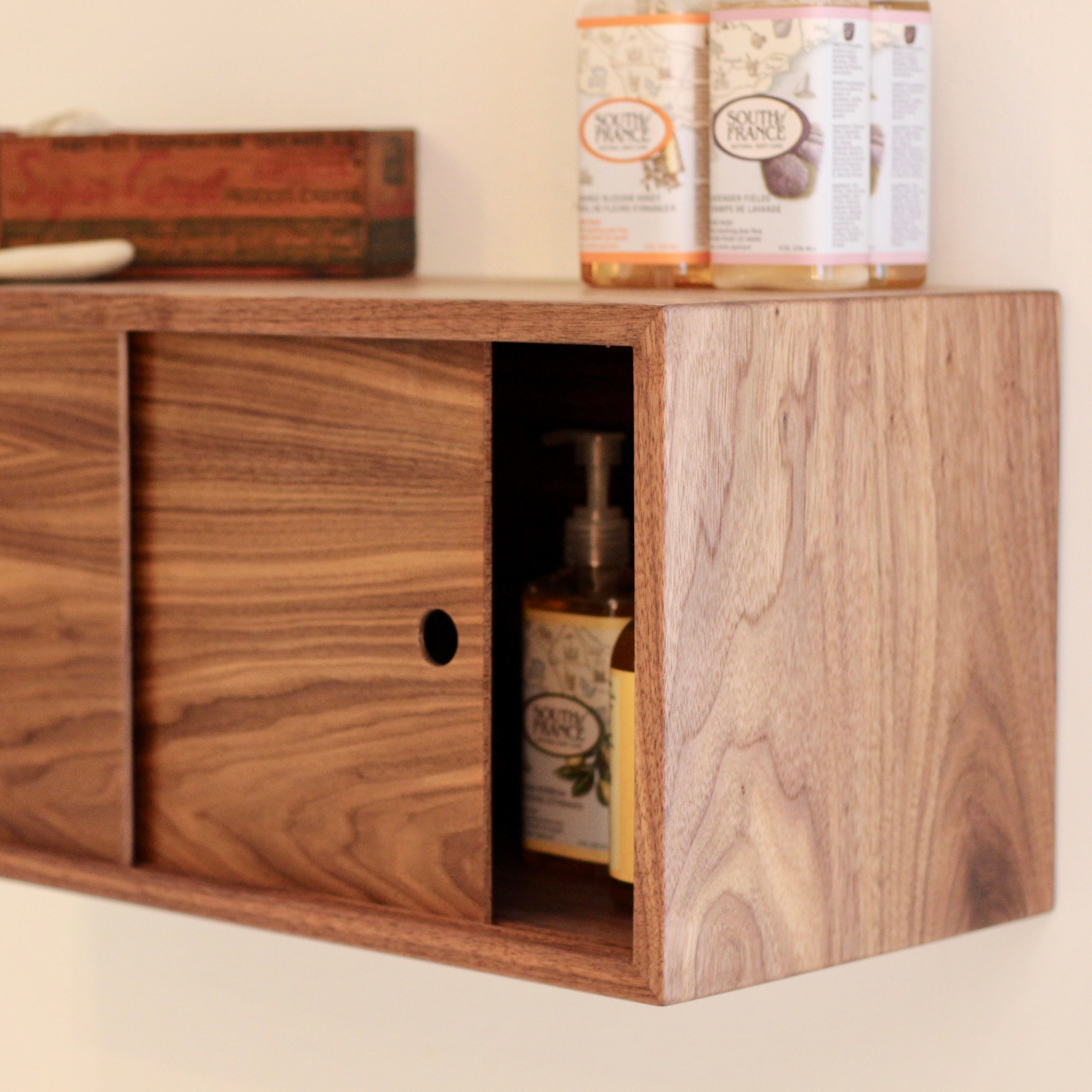 Floating Bathroom Storage Cabinet With Sliding Doors, Solid Walnut 