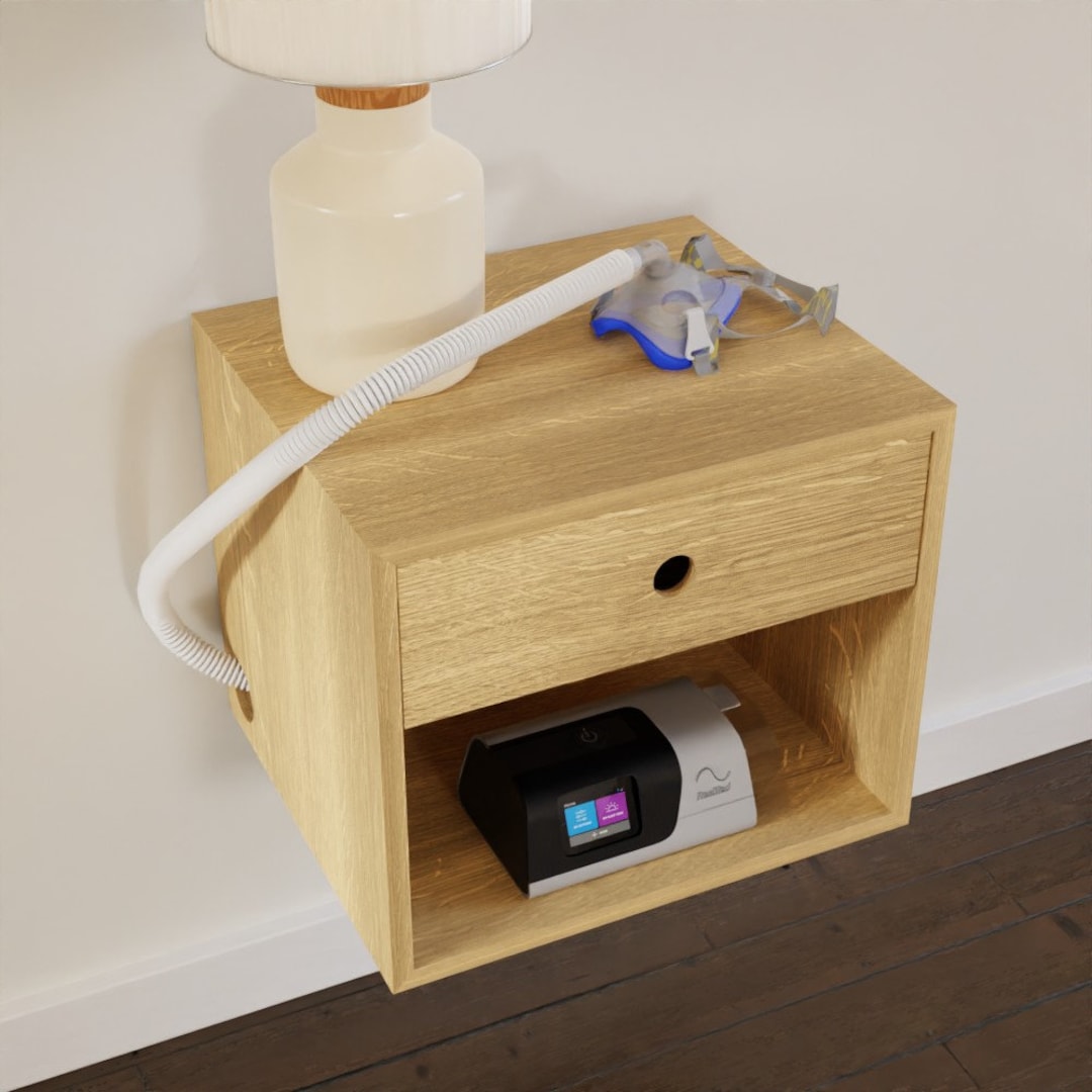 CPAP Floating Nightstand in Solid White Oak, Bedside Table With Drawer