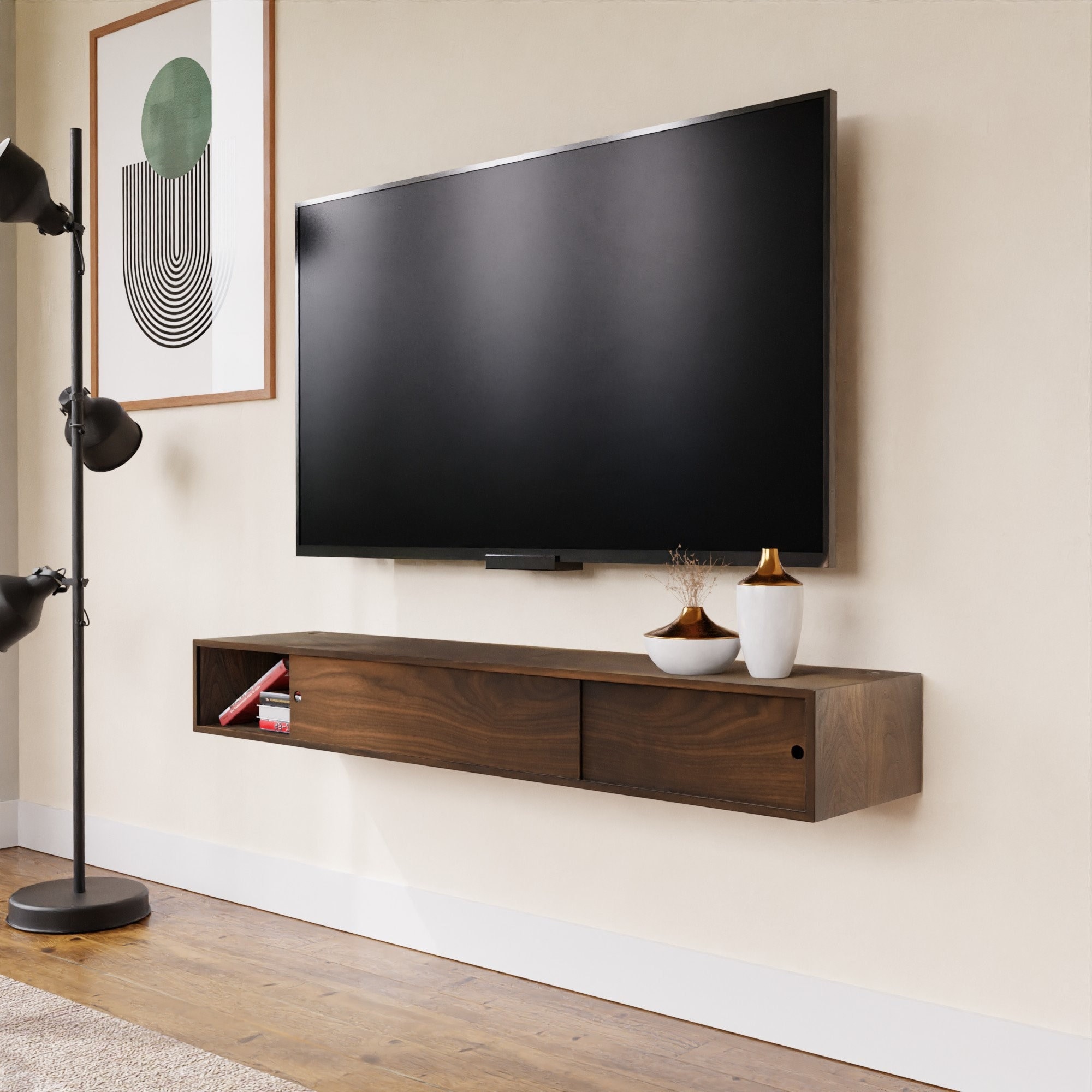 Walnut Floating TV Stand Media Console With Sliding Doors TV pic